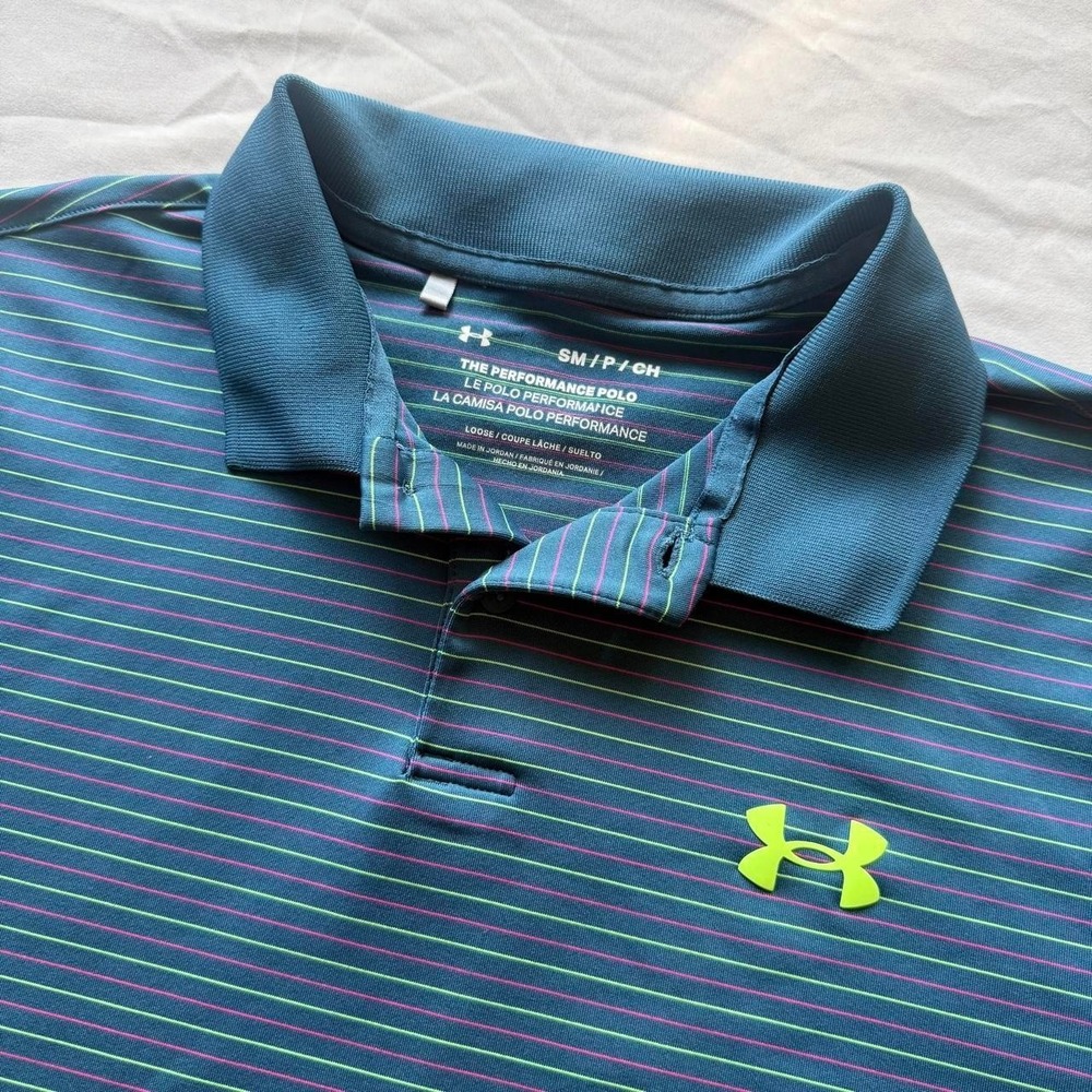 Under Armour Men's Small Performance Polo Blue Neon Striped Loose Fit